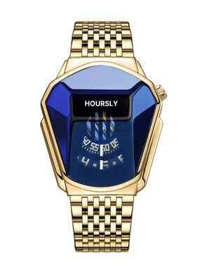 NWOT Men Stylish Quality Water Proof Gold Plated Blue Quartz Formal Wrist Watch